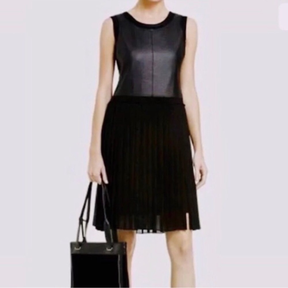 BCBGMAXAZRIA Black Faux Leather & Chiffon Pleated Cleo Dress Size Small